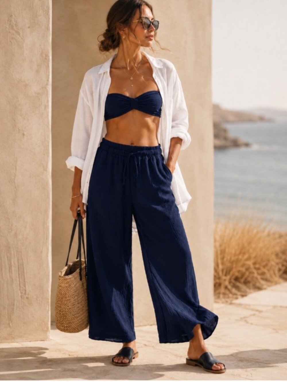 Splendid Navy Blue Cotton Gauze Wide Leg Pants Coastal Quiet Luxury NWT Small